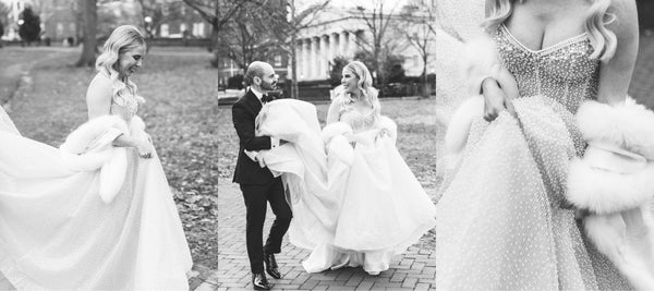 3 images of bride wearing capri shawl in black and white