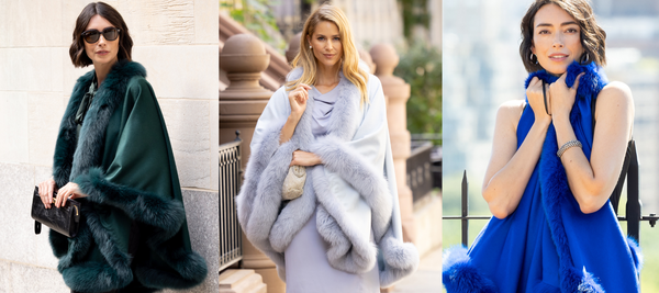 collage of three images; model in emerald green cashmere fur trimmed cape, woman in powder blue cashmere fur trimmmed cape, and model holding close a cashmere fur trimmed royal blue cape