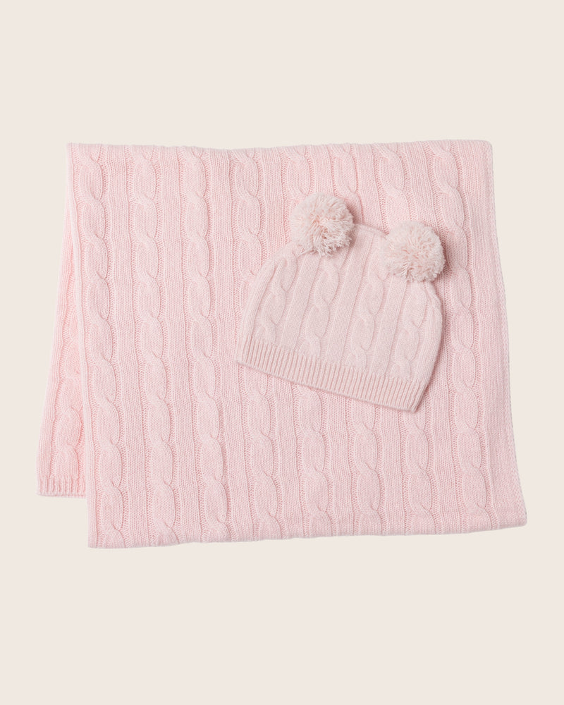 Classic Cable Knit Baby Blanket and Hat in Soft Pink