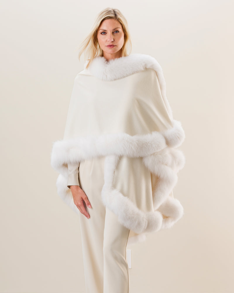 Fur Trimmed Cape, Classic Length in White