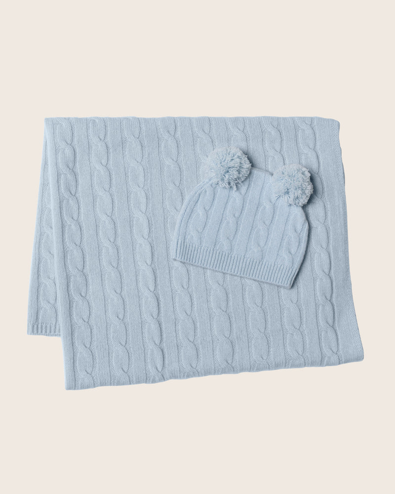 Classic Cable Knit Baby Blanket and Hat in Soft Blue