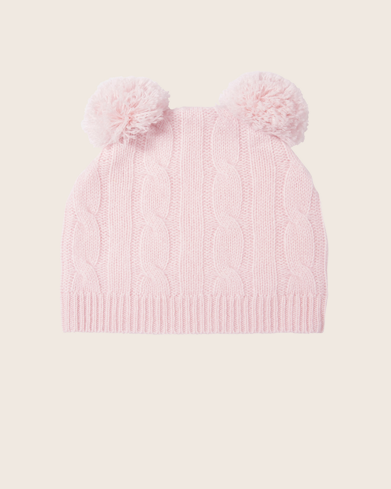 Cable Baby Hat with 2 pompoms in Soft Pink