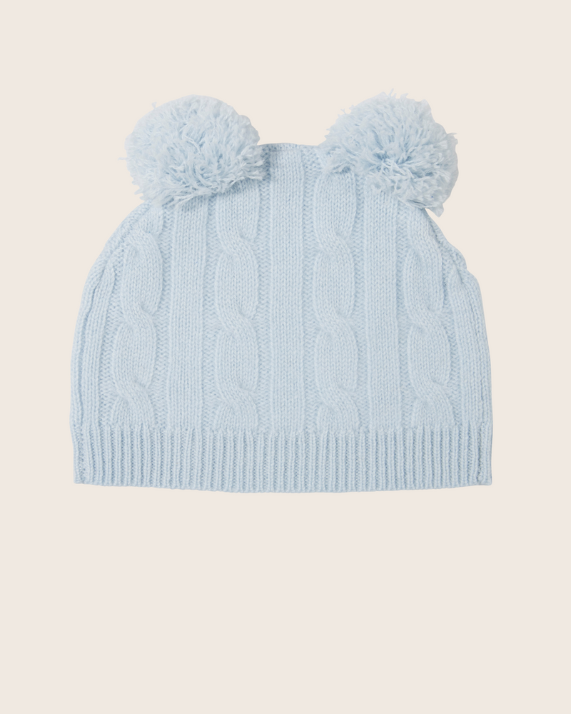 Cable Baby Hat with 2 pompoms in Soft Blue