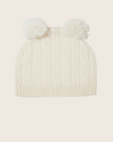 Cable Baby Hat with 2 pompoms in Ivory