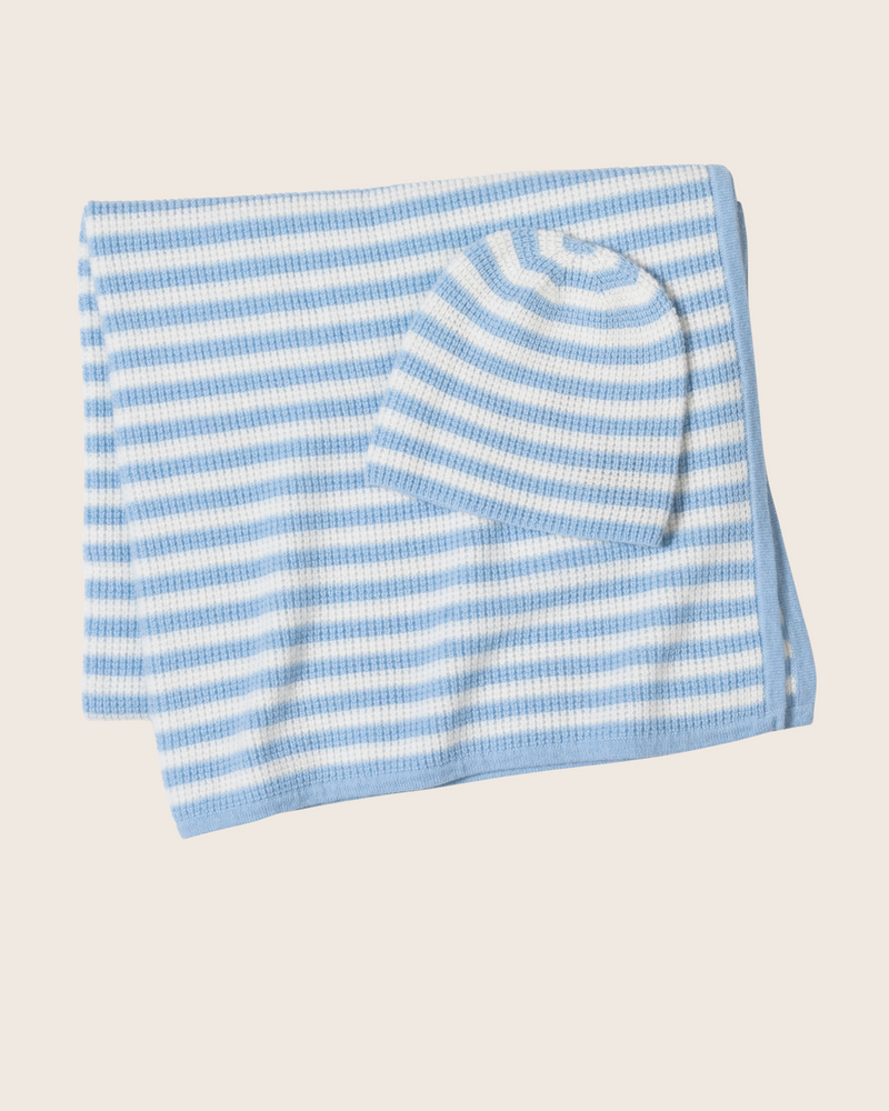 Thermal Cashmere Blanket and Hat in Baby Blue/Ivory
