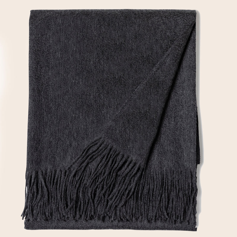 pure Mongolian cashmere Fringed Woven Throw in Charcoal