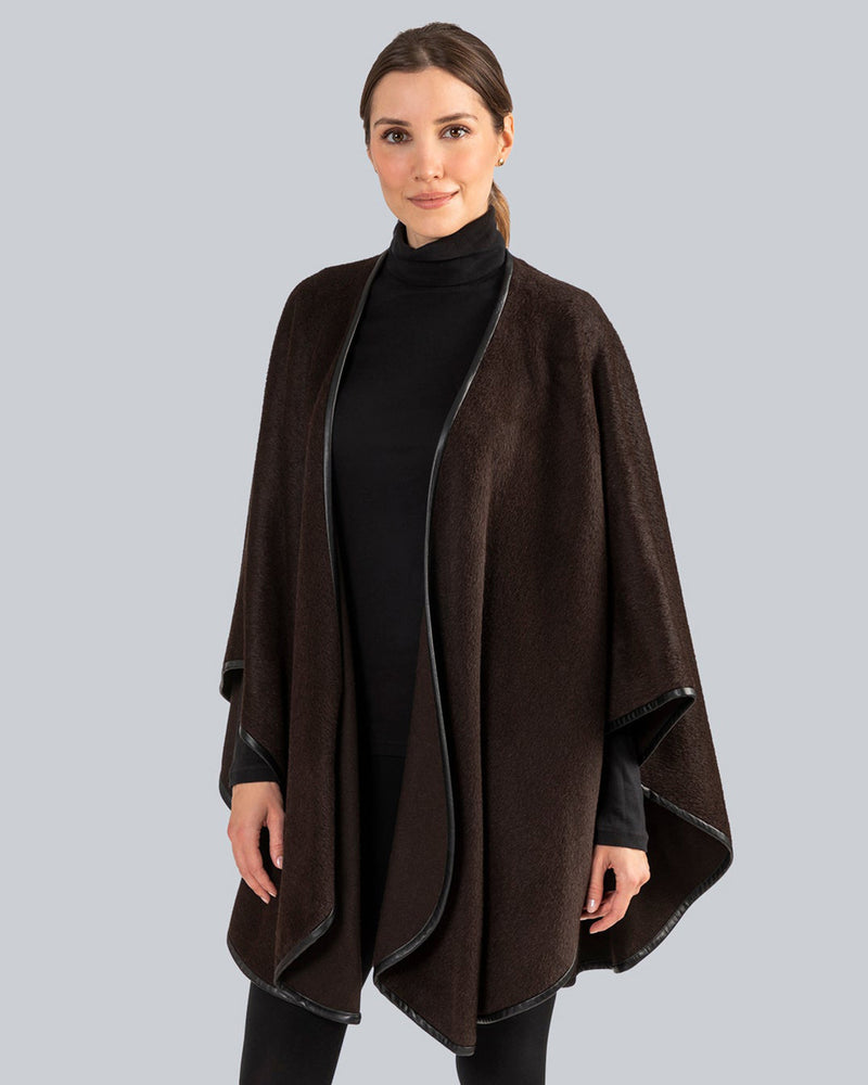 Woman Wearing Alpaca Wool Cape with Leather trim in Chocolate