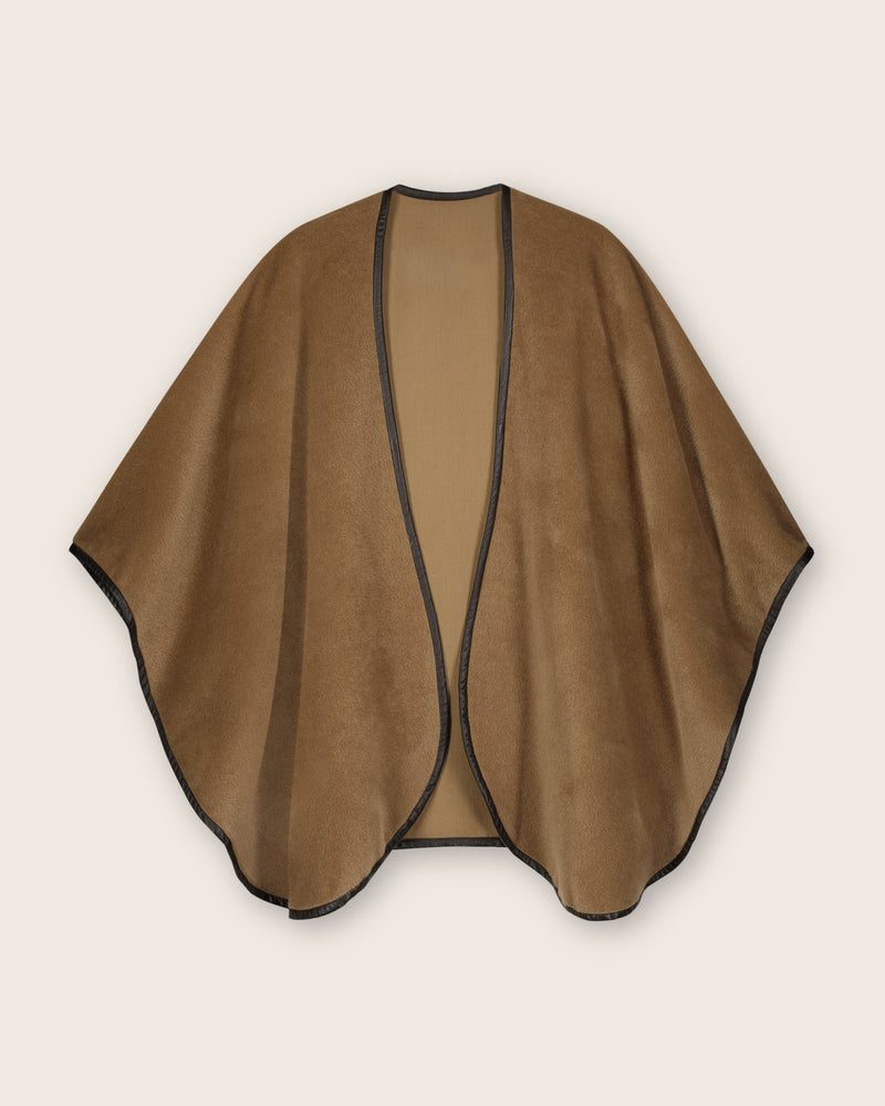 Alpaca Wool Cape with Leather trim in Camel