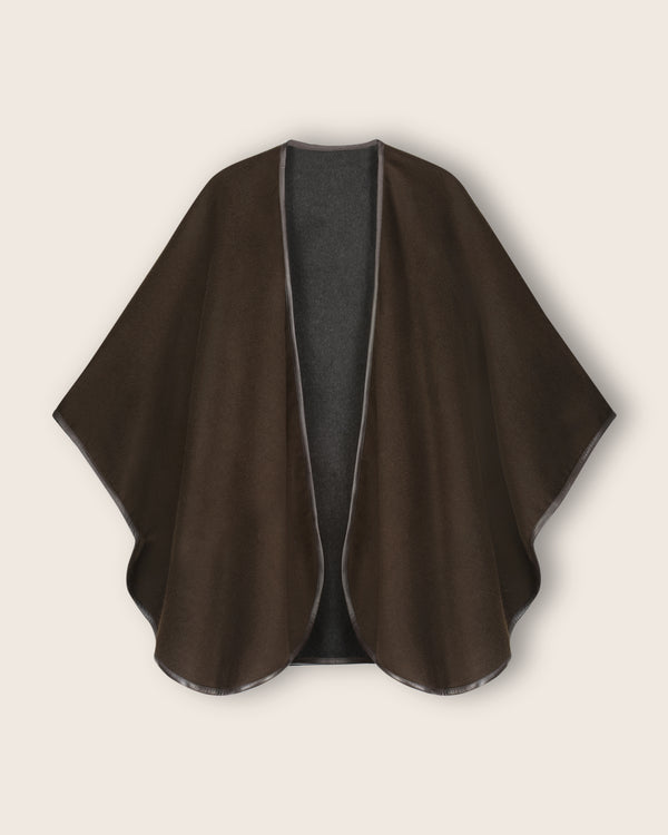 Reversible Cashmere Cape with Leather trim in Chocolate/Charcoal