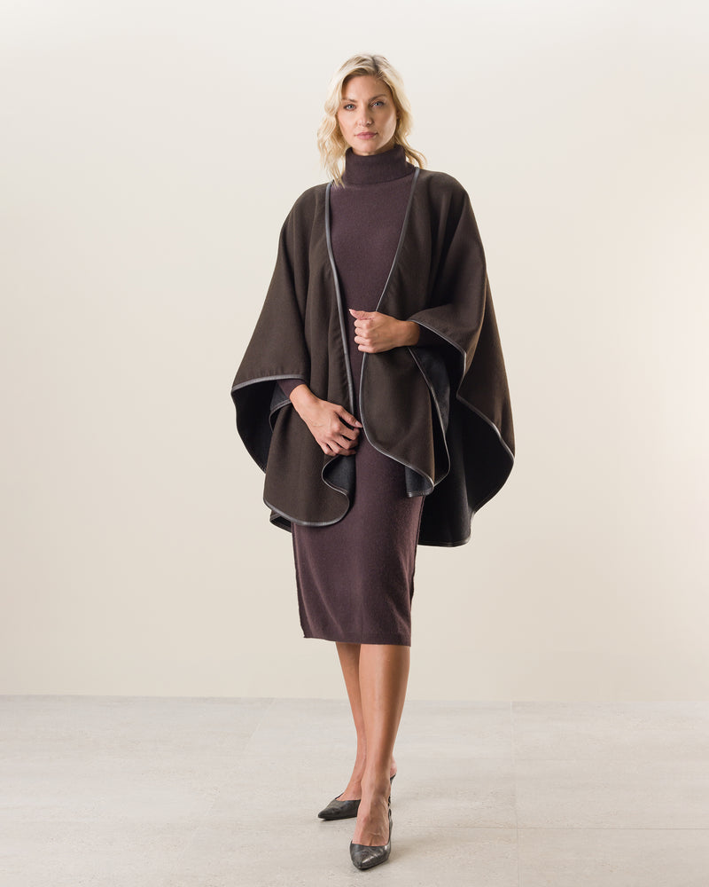 Woman Wearing Reversible Cashmere Cape with Leather trim in Chocolate/Charcoal