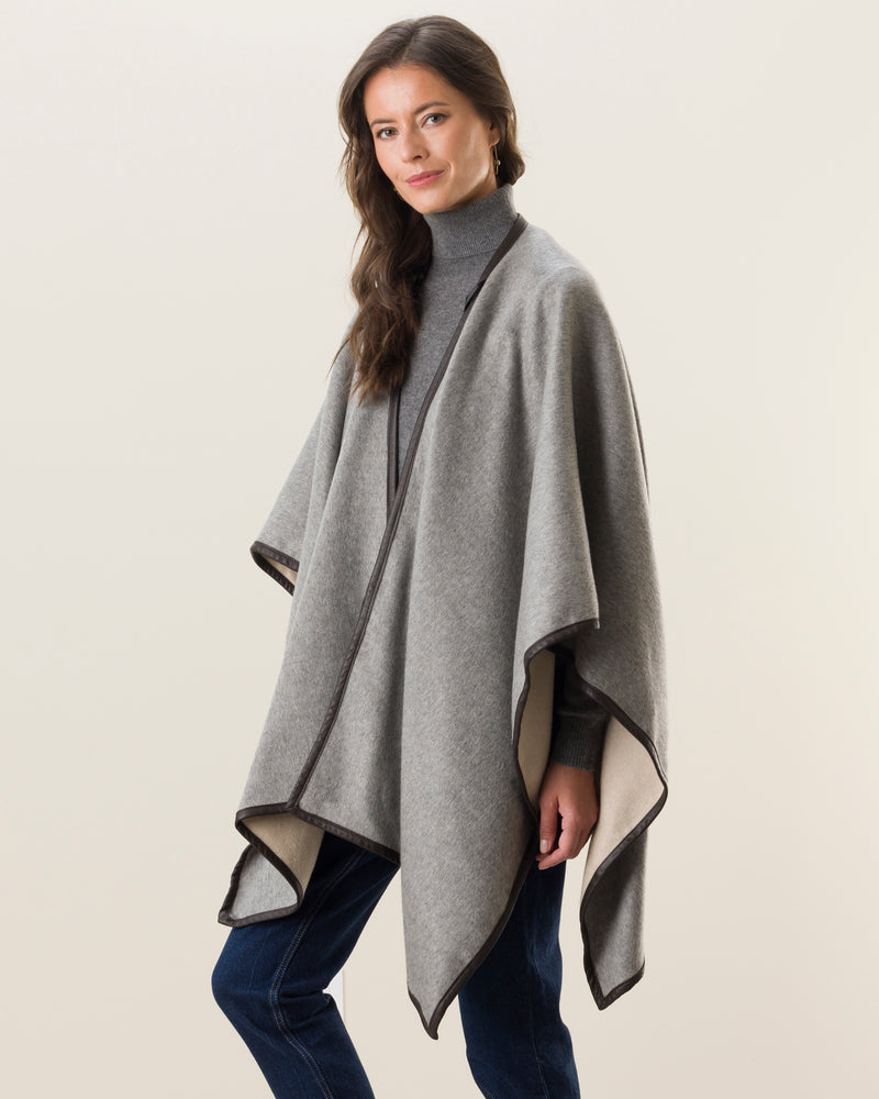 Reversible Cashmere Cape with Leather Trim in Oat/grey
