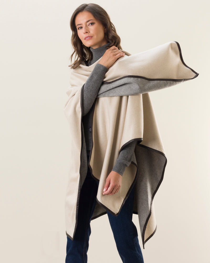 Reversible Cashmere Cape with Leather Trim in Oat/grey