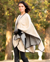 Reversible Cashmere Cape with Leather trim in Oat/grey