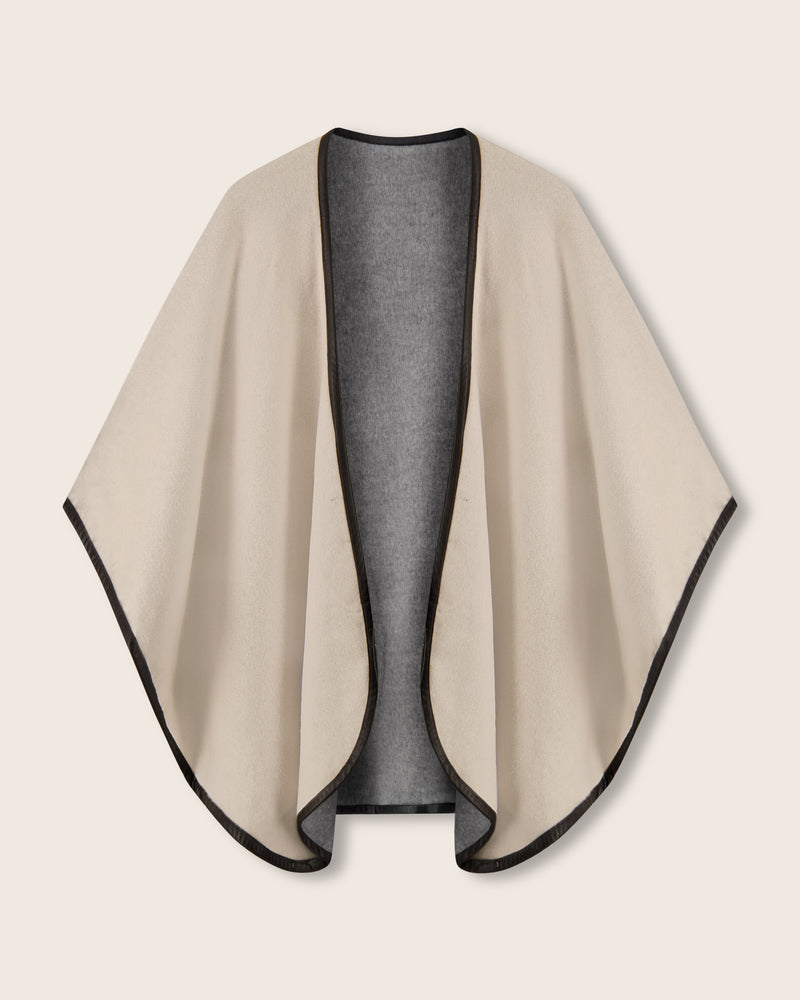 Reversible Cashmere Cape with Leather trim in Oat/Grey