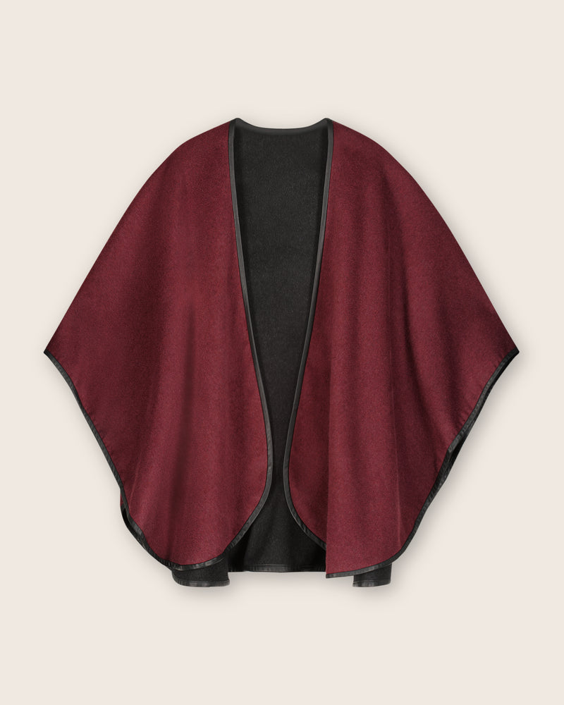 Reversible Cashmere Cape with Leather trim in Deep Red/Charcoal