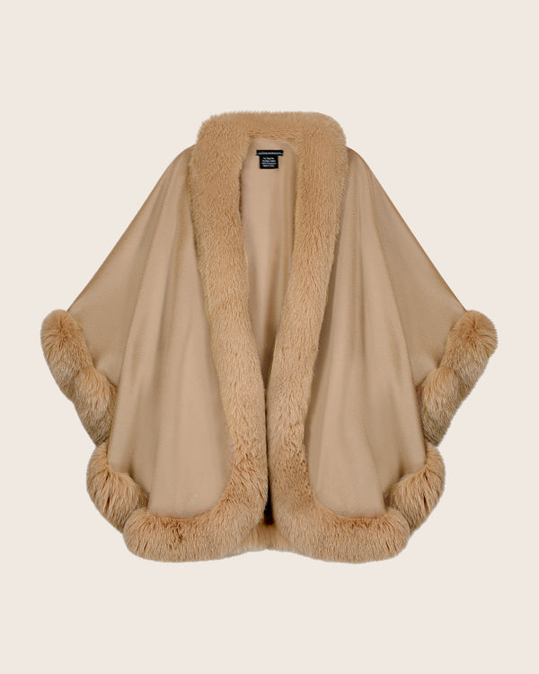 Fur Trimmed Cashmere Cape in Camel