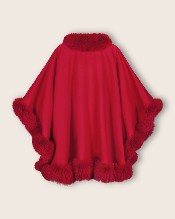 Woman wearing Fur Trimmed Cape in Red