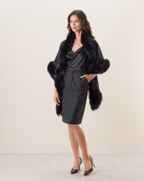Woman wearing Fur Trimmed Cashmere Shawl in Black