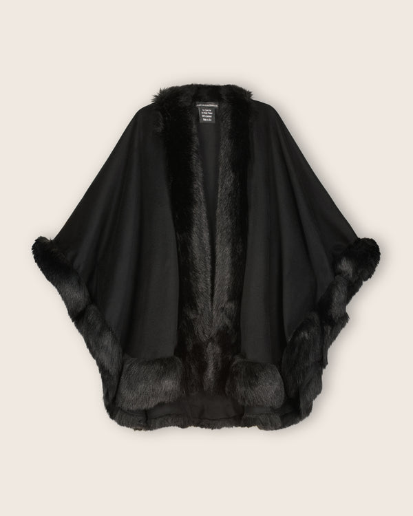Fur Trimmed Cashmere Cape Petite Length in Black