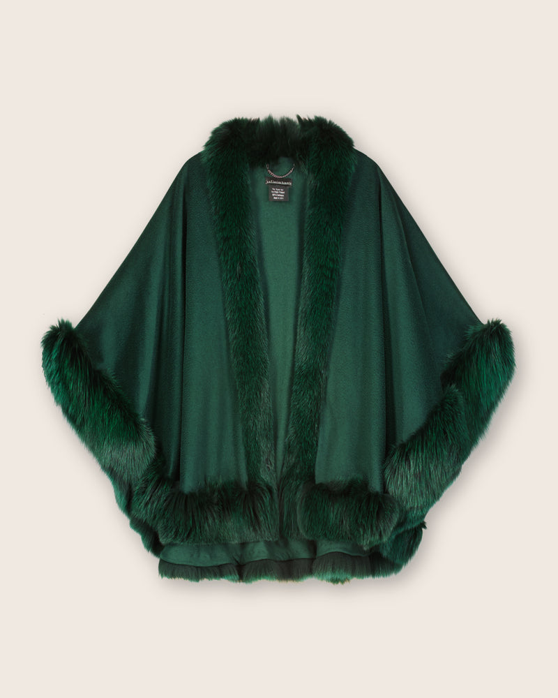 Fur Trimmed Cashmere Cape Petite Length in Emerald