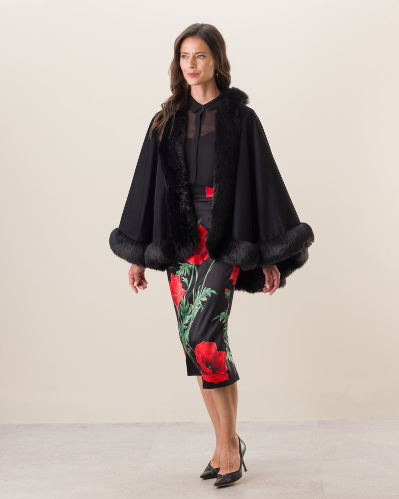 Woman wearing Fur Trimmed Cashmere Cape Petite Length in Black