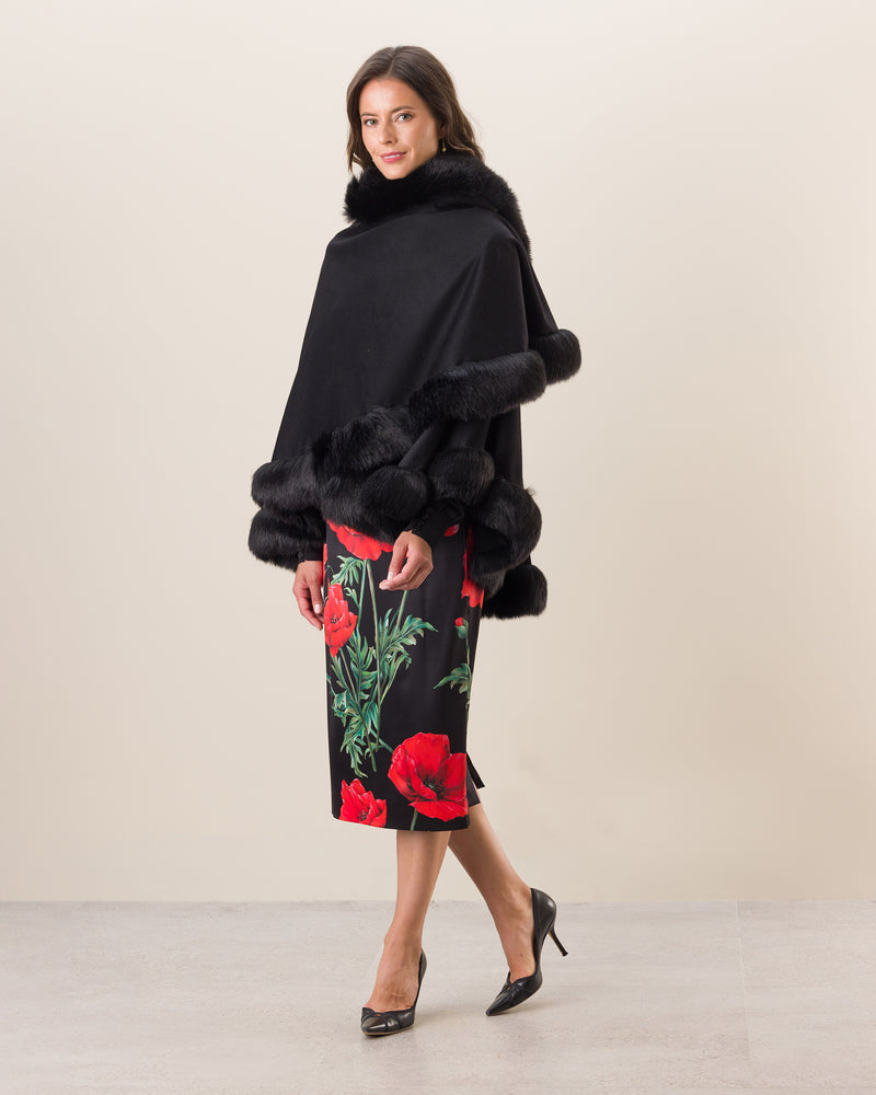 Woman wearing Fur Trimmed Cashmere Cape Petite Length in black