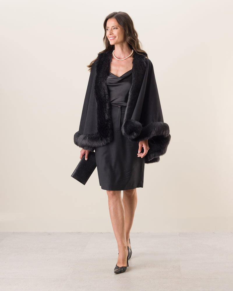 Woman wearing Fur Trimmed Cashmere Cape Petite Length in black