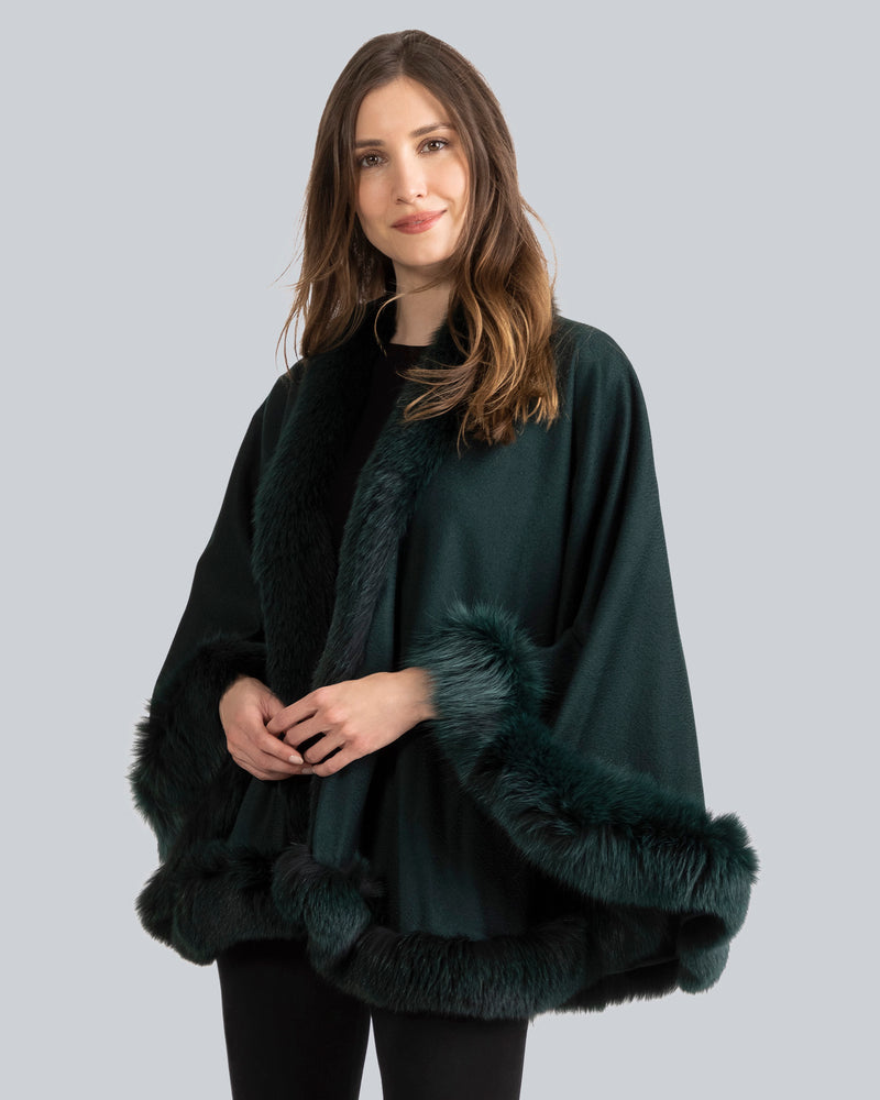 Woman wearing Fur Trimmed Cashmere Cape Petite Length in emerald