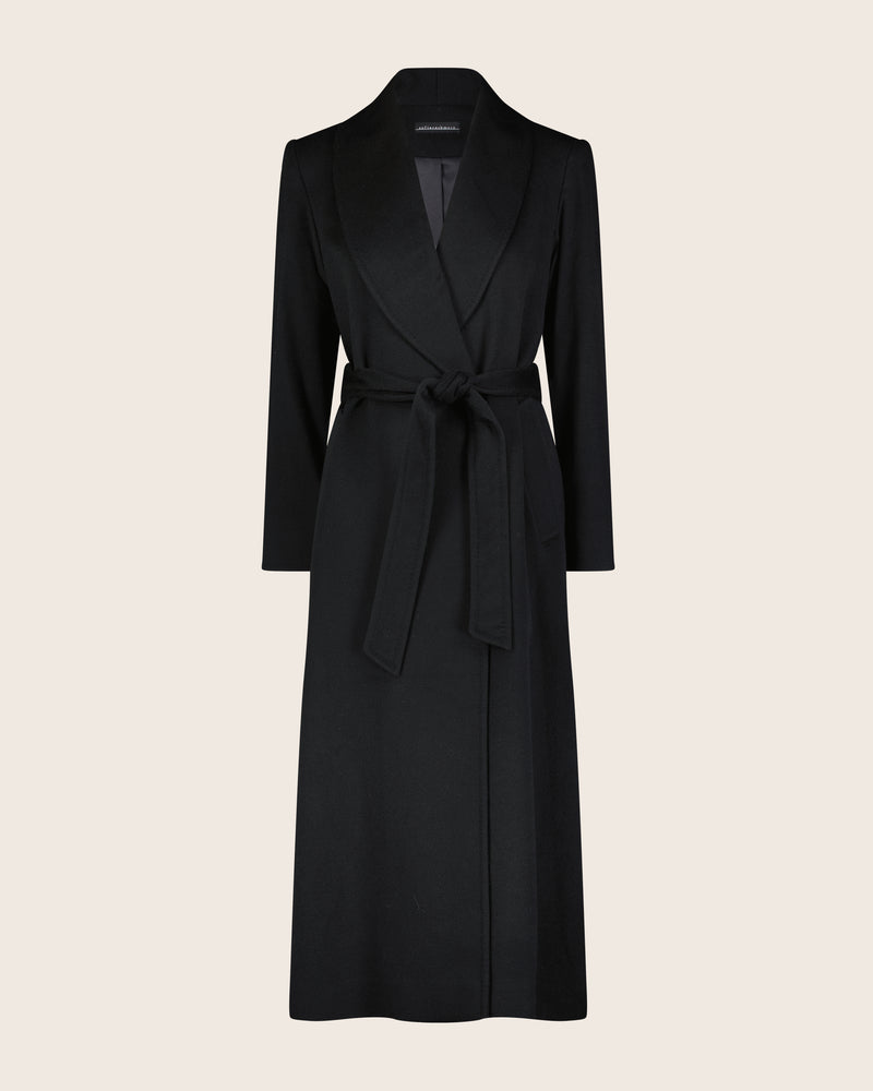 Cashmere Belted Shawl Collar Long Coat with Pick Stitching in black