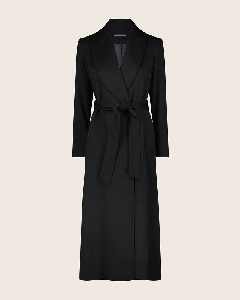Cashmere Belted Shawl Collar Long Coat with Pick Stitching in black front view