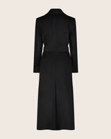 Cashmere Belted Shawl Collar Long Coat with Pick Stitching in black back