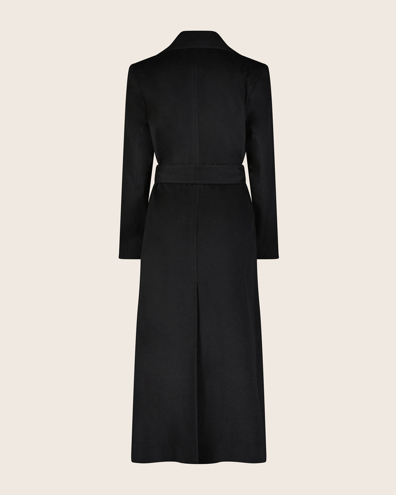 Cashmere Belted Shawl Collar Long Coat with Pick Stitching in black