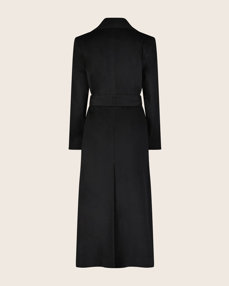 Cashmere Belted Shawl Collar Long Coat with Pick Stitching in black back