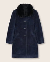 Alpaca Boucle Car Coat with Finland Fur Collar in Navy
