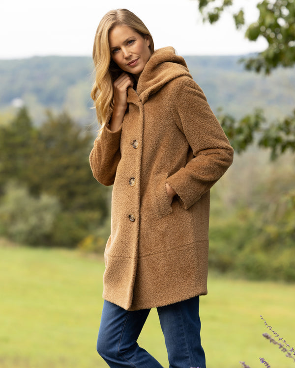 Alpaca Boucle Button Front Cocoon Coat with Foldover Envelope Pillow Collar in camel