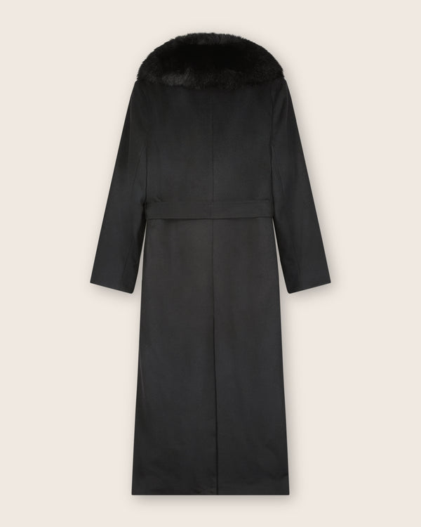 Wool Cashmere Blend Maxi Wrap coat with Oversized Finland Fur Shawl Collar  in Black