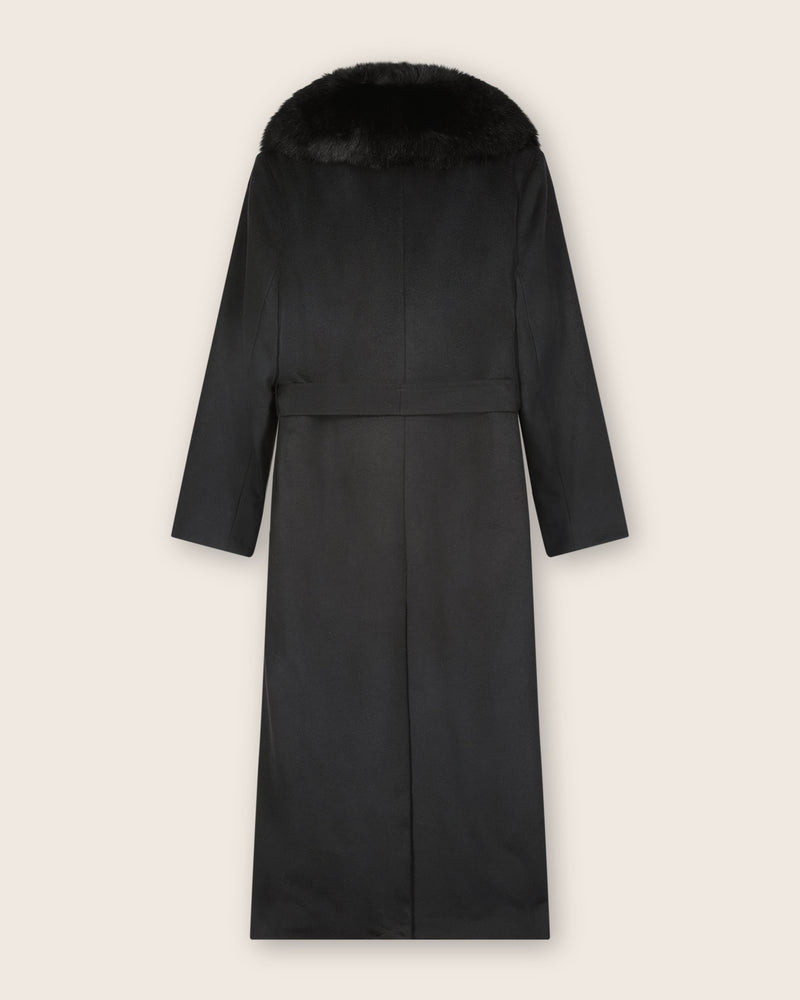 Wool Cashmere Blend Maxi Wrap coat with Oversized Finland Fur Shawl Collar  in Black