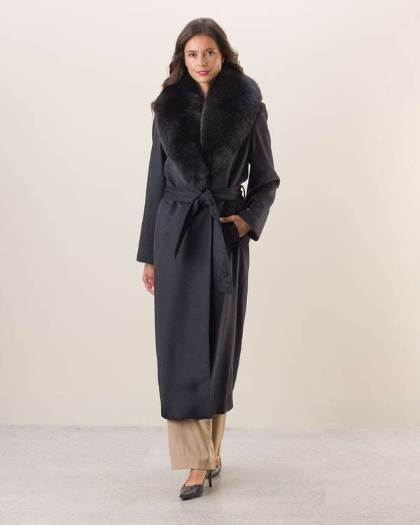 Woman Wearing Cashmere Fur Collar Wrap Coat in Black