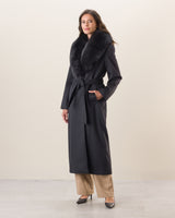 Woman Wearing Cashmere Fur Collar Wrap Coat in Black 