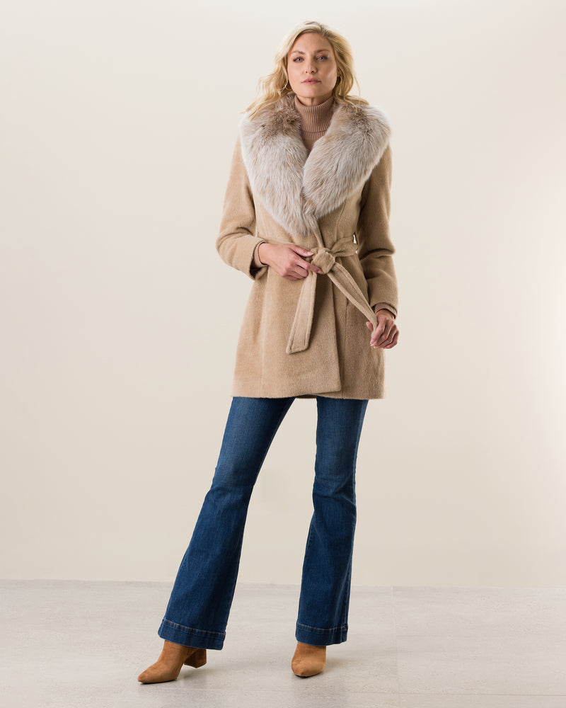 Woman wearing Alpaca Blend Wrap Short coat with Oversized Finland Fur Shawl Collar in Blonde