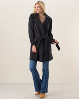 Woman wearing Pure Cashmere Pick-Stitched Wrap Coat in black