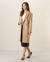 Woman WearingPure Cashmere Pick-Stitched Double-Breasted Coat In Camel