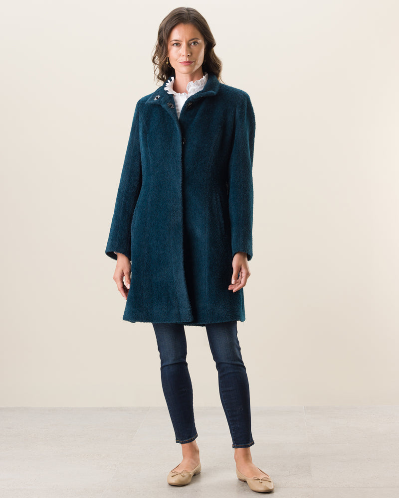 Woman Wearing Alpaca Boucle Snap Button Coat in Teal