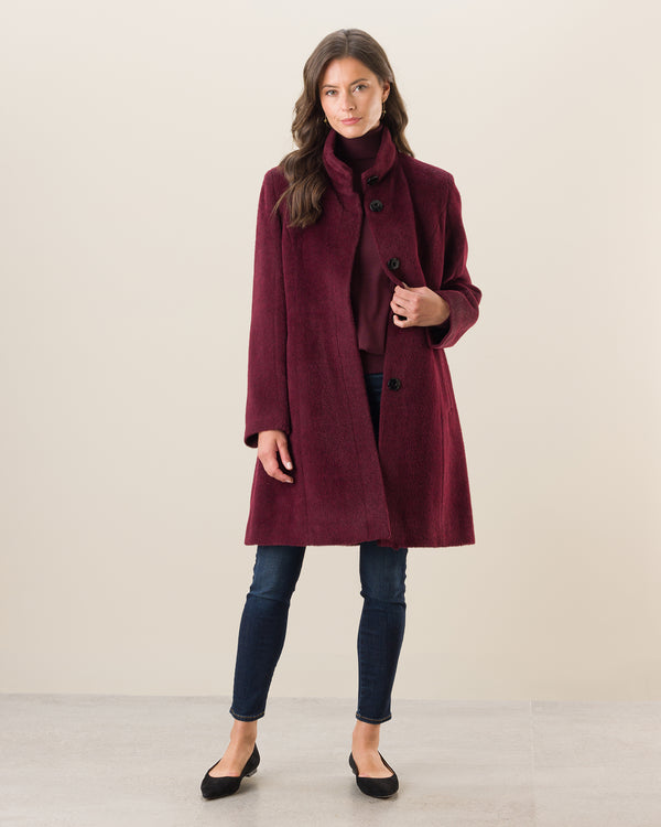Woman Wearing Alpaca Boucle Snap Button Coat in Burgundy
