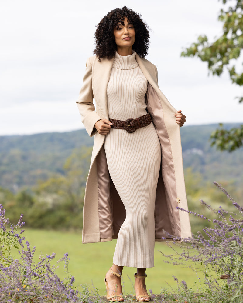 Woman outside Wearing cashmere Princess Coat in Blonde