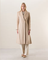 Woman Wearing Camel Hair Princess Coat in Blonde