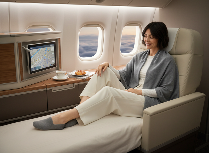 Woman sitting in a luxurious airplane seat wearing voyage cashmere travel wrap in grey and cashmere slippers.