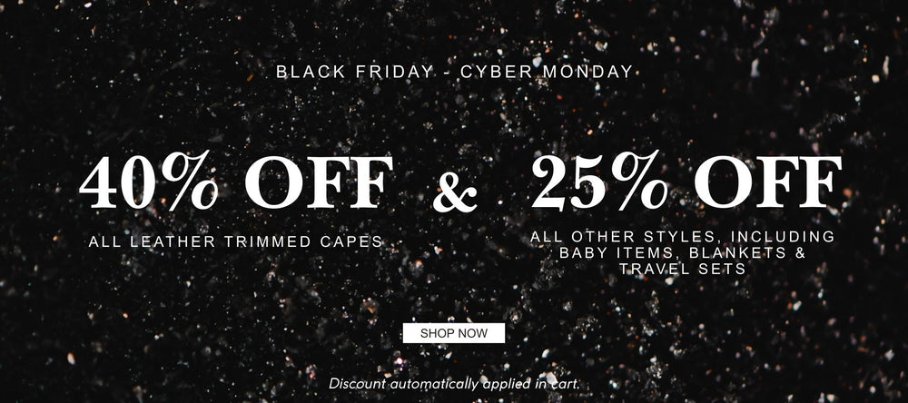 Black Friday and Cyber Monday sale banner with discounts on leather trimmed capes and other styles.