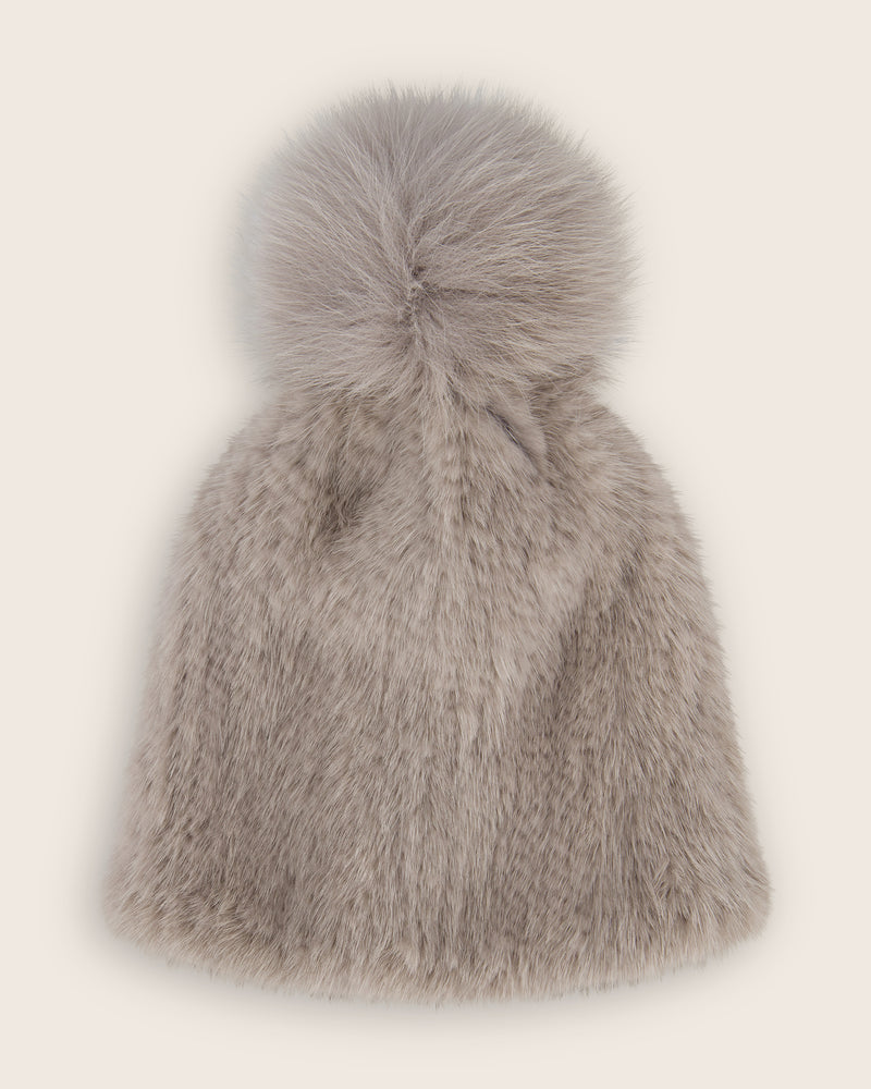 Mink Hat with Fox Fur Pom in grey