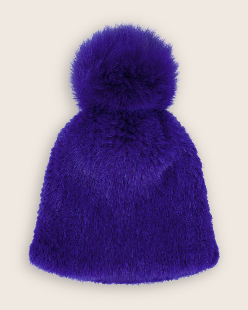 Mink Hat with Fox Fur Pom in blue